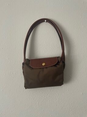 Large Longchamp Olive Nylon Wristlet with Tan Leather Trim